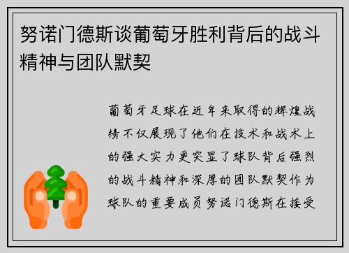 努诺门德斯谈葡萄牙胜利背后的战斗精神与团队默契