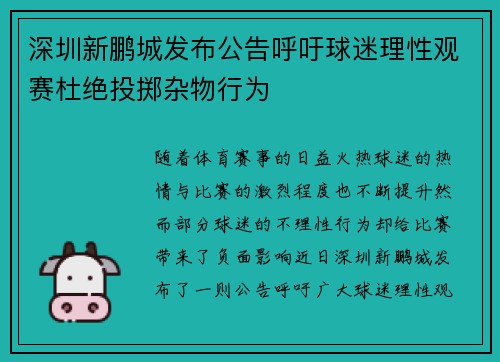 深圳新鹏城发布公告呼吁球迷理性观赛杜绝投掷杂物行为