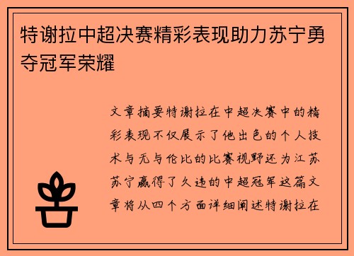 特谢拉中超决赛精彩表现助力苏宁勇夺冠军荣耀